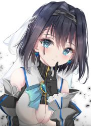 Rule 34 | 1girl, bare shoulders, black gloves, black shirt, blouse, blue bow, blue bowtie, blue eyes, blush, bow, bowtie, breasts, chain, cleavage, cleavage cutout, clothing cutout, detached sleeves, gloves, hair intakes, high collar, highres, hololive, hololive english, large breasts, looking at viewer, moemoepiano, ouro kronii, ouro kronii (1st costume), pointing, pointing up, shirt, simple background, sleeveless, sleeveless shirt, smile, veil, virtual youtuber, white background