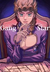 Rule 34 | 1boy, absurdres, blonde hair, blue eyes, braid, bug, cleavage cutout, clothing cutout, crossed arms, ear piercing, earrings, english text, giorno giovanna, gold trim, hand on own chin, high collar, highres, index finger raised, insect, jewelry, jojo no kimyou na bouken, ladybug, long hair, long sleeves, looking at viewer, map, nail polish, natchan blue (nanairopenki), open mouth, paper, piercing, purple shirt, shirt, sitting, smile, solo, table, vento aureo
