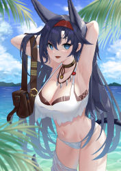 Rule 34 | 1girl, absurdres, animal ears, arknights, armpits, arms behind head, arms up, bag, blaze (arknights), blue eyes, blue hair, cat ears, cat girl, cat tail, extra ears, harutaruouob, highres, jewelry, long hair, looking at viewer, navel, necklace, official alternate costume, open mouth, revision, smile, solo, tail, upper body, very long hair