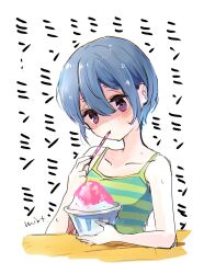 Rule 34 | 1girl, camisole, eating, food, highres, mint (mintlemonade3), purple eyes, shaded face, shaved ice, shima rin, short hair, simple background, solo, star (symbol), star in eye, striped camisole, sweat, symbol in eye, translated, yurucamp
