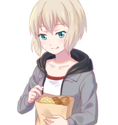 Rule 34 | 1girl, :q, aoba moca, bag, bang dream!, blue eyes, bread, collarbone, commentary request, food, grey hair, grey jacket, hood, hood down, hooded jacket, jacket, licking lips, long sleeves, paper bag, shatiko, short hair, simple background, solo, tongue, tongue out, upper body, white background