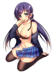 Rule 34 | 10s, 1girl, aqua eyes, arm support, bad id, bad pixiv id, black bra, blazer, bra, breasts, breasts out, clothes down, hand to own mouth, jacket, kousta (kousuta), large breasts, licking, licking hand, long hair, looking at viewer, love live!, love live! school idol project, midriff, navel, nipples, no panties, one breast out, pleated skirt, purple hair, school uniform, simple background, sitting, skirt, unworn skirt, solo, thighhighs, tojo nozomi, twintails, underwear, wariza, white background