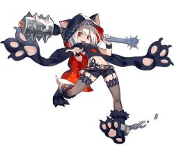Rule 34 | 1girl, animal ears, animal hood, ark order, belt, black cape, black footwear, black scarf, black shirt, black shorts, cape, cerberus (ark order), chain, club (weapon), cuffs, dog ears, fake animal ears, full body, fur-trimmed footwear, fur trim, garter straps, hades (ark order), holding, holding weapon, hood, hood up, hooded cape, kzhu, looking at viewer, official art, paw shoes, pawpads, red eyes, scarf, shackles, shirt, shoes, short hair, shorts, skull, solo, spiked belt, stomach tattoo, tachi-e, tattoo, thighhighs, transparent background, weapon, white hair, wrist cuffs