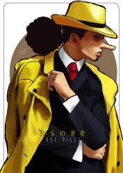 Rule 34 | 1boy, absurdres, alternate costume, black hair, character name, closed mouth, coat, commentary, curly hair, english commentary, facial hair, fedora, formal, goatee, hat, highres, long nose, male focus, maorenc, necktie, one piece, red necktie, signature, solo, suit, trench coat, usopp, yellow hat