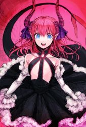 Rule 34 | 10s, 1girl, :d, bare shoulders, black dress, blue eyes, detached sleeves, dress, elizabeth bathory (fate), elizabeth bathory (fate/extra ccc), elizabeth bathory (first ascension) (fate), fate/extra, fate (series), flat chest, frilled dress, frills, horn ornament, horns, long hair, long sleeves, looking at viewer, open mouth, pink background, pink hair, pointy ears, single horn, slit pupils, smile, solo, tail, takashi (onikukku)