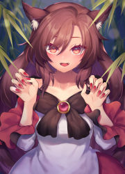 Rule 34 | 1girl, :d, animal ears, blush, breasts, brown eyes, brown hair, claw pose, commentary request, commission, dress, eyes visible through hair, imaizumi kagerou, long hair, medium breasts, nail polish, night, open mouth, outdoors, red nails, skeb commission, smile, solo, tail, tomobe kinuko, touhou, white dress, wolf ears, wolf tail