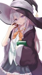 Rule 34 | 1girl, black hat, black robe, black skirt, book, bow, collared shirt, commentary request, doughnut, dress shirt, elaina (majo no tabitabi), food, frilled skirt, frills, grey hair, hair between eyes, hand up, hat, head tilt, highres, holding, holding food, hood, hood down, hooded robe, long hair, long sleeves, majo no tabitabi, nekonosuke, open clothes, open robe, orange bow, parted lips, pleated skirt, purple eyes, robe, shirt, simple background, skirt, sleeves past wrists, solo, very long hair, white background, white shirt, wide sleeves, witch hat
