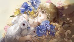 Rule 34 | 1girl, blue flower, blunt bangs, brown hair, closed mouth, commentary, earrings, english commentary, fingernails, flower, green eyes, highres, holding, holding flower, jewelry, long hair, long sleeves, looking at viewer, nail polish, necklace, noir (ibaraki), off-shoulder shirt, off shoulder, original, petals, pink flower, pink nails, ring, shirt, solo, upper body, water, white flower, white shirt, yellow flower