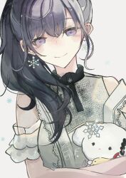 Rule 34 | 1girl, asahina mafuyu, black hair, coffeemeito, cogimyun, commentary request, crossed bangs, detached sleeves, dress, earrings, grey dress, hug, jewelry, lace, lace-trimmed dress, lace trim, looking at viewer, ponytail, project sekai, purple eyes, purple hair, sanrio, sidelocks, smile, snowflake earrings, snowflake ornament, snowflake print, solo