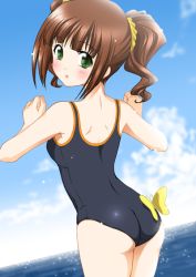 Rule 34 | 00s, 1girl, ass, brown hair, bug, butterfly, green eyes, idolmaster, idolmaster (classic), idolmaster 1, bug, itsuki sayaka, looking back, ocean, one-piece swimsuit, school swimsuit, solo, swimsuit, takatsuki yayoi, twintails