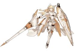 Rule 34 | 1girl, ahoge, armored legwear, artery gear, artery gear: fusion, artist request, blonde hair, breasts, brown eyes, dress, earrings, flower, hair flower, hair ornament, highres, holding, holding polearm, holding shield, holding weapon, huge weapon, isabelle (artery gear), jewelry, long hair, long sleeves, medium breasts, official art, pleated skirt, polearm, shield, skirt, third-party source, transparent background, weapon, white dress