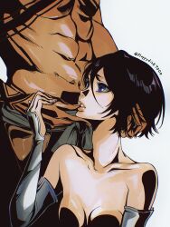 Rule 34 | 1boy, 1girl, abs, bare shoulders, black hair, bleach, bob cut, body markings, breasts, collarbone, commentary, cropped torso, elbow gloves, english commentary, floppydisk7000, from side, gloves, hand on another&#039;s face, hand on another&#039;s hand, hand on another&#039;s head, highres, kuchiki rukia, kurosaki ichigo, looking up, muscular, muscular male, navel, parted lips, pectorals, purple eyes, short hair, simple background, small breasts, twitter username, upper body, white background