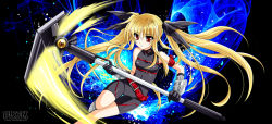 Rule 34 | 00s, 1girl, arm strap, armor, bardiche (nanoha), bardiche (scythe form) (nanoha), bare shoulders, belt, belt bra, belt skirt, black gloves, blonde hair, bodysuit, bow, breasts, buckle, choker, collar, elbow gloves, energy weapon, fate testarossa, floating hair, gauntlets, gloves, glowing, greaves, hair bow, hair ribbon, halterneck, holding, holding weapon, kanna (plum), long hair, looking to the side, lyrical nanoha, magical girl, mahou shoujo lyrical nanoha, parted bangs, parted lips, polearm, red eyes, ribbon, scythe, sidelocks, small breasts, solo, thigh gap, turtleneck, twintails, unitard, very long hair, watermark, weapon, web address