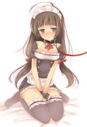 Rule 34 | 1girl, bdsm, blush, bondage, bound, breasts, character request, collar, gradient background, highres, kneeling, leash, long hair, maid headdress, md5 mismatch, rope, solo, source request, teu (navy), thighhighs