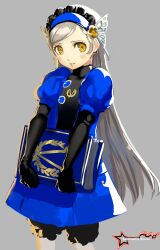 Rule 34 | 1girl, absurdres, artist logo, awesomeerix, black gloves, blue dress, blush, book, butterfly hair ornament, dress, gloves, grey background, hair ornament, headband, highres, holding, holding book, lavenza (persona 5), long hair, looking to the side, persona, persona 5, puffy short sleeves, puffy sleeves, short sleeves, simple background, smile, solo, yellow eyes