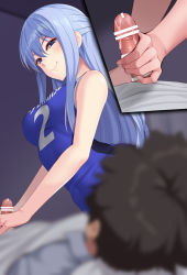 Rule 34 | 1boy, 1girl, arched back, bare shoulders, bed, bedside, blue eyes, blue hair, blurry, blurry foreground, breasts, censored, closed mouth, cowboy shot, depth of field, erection, from below, hair between eyes, handjob, huyumitsu, indoors, jersey, long hair, looking at another, lying, medium breasts, on back, original, penis, pointless censoring, shirt, short shorts, shorts, sidelocks, sideways glance, sleep molestation, sleeveless, smile, sportswear, tank top, tight clothes, tight shirt