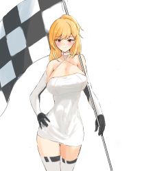 Rule 34 | 1girl, absurdres, azur lane, bare shoulders, blonde hair, blush, breasts, cleavage, collarbone, dress, elbow gloves, flag, gloves, highres, holding, holding flag, lom (lom lom 8), long hair, looking at viewer, medium breasts, multicolored clothes, multicolored gloves, prince of wales (azur lane), prince of wales (the laureate&#039;s victory lap) (azur lane), race queen, red eyes, smile, solo, thighhighs, white background, white dress, white thighhighs