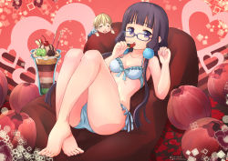 Rule 34 | 1boy, 1girl, :d, absurdres, barefoot, bikini, blend s, blonde hair, blood, blue bikini, blush, breasts, brown hair, chibi, collarbone, dino (blend s), closed eyes, feet, food, frilled bikini, frills, fruit, full body, glasses, hair between eyes, heart, highres, holding, holding food, long hair, looking at viewer, low twintails, lying, medium breasts, nosebleed, on stomach, open mouth, pom pom (clothes), purple eyes, red background, sakuranomiya maika, short hair, sitting, smile, strawberry, swimsuit, tainanstation, toes, twintails, twitter username, very long hair