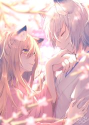 Rule 34 | 1boy, 1girl, animal ear fluff, animal ears, blonde hair, blurry, blurry background, blurry foreground, blush, branch, brown hair, chita (ketchup), closed mouth, commentary request, depth of field, closed eyes, fox ears, highres, holding hands, japanese clothes, kimono, long hair, original, parted lips, petals, pink eyes, pink kimono, profile, red eyes, short sleeves, signature, silver hair, upper body, white background, white kimono, wide sleeves