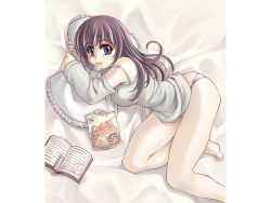 Rule 34 | 1girl, bare shoulders, barefoot, bed, blue hair, book, bookmark, bottomless, brown eyes, camisole, chips (food), detached sleeves, feet, food, frilled pillow, frills, highres, lying, mil (xration), mouth hold, no pants, hugging object, on side, panties, pillow, pillow hug, potato chips, purple hair, solo, underwear, wallpaper