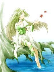 Rule 34 | 1girl, ahoge, aino yumeri, barefoot, choker, dress, floating, floating object, green eyes, green hair, hair intakes, in tree, leg ribbon, long hair, matching hair/eyes, mireille feydeau, open mouth, outstretched hand, ponytail, ribbon, sitting, sitting in tree, soaking feet, solo, tales of (series), tales of pixiv, tree, water