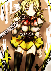 Rule 34 | 10s, 1girl, beret, blonde hair, blood, boots, breasts, brown thighhighs, corset, detached sleeves, drill hair, fingerless gloves, gloves, gun, hair ornament, hairpin, hat, highres, kae (artist), large breasts, madoka runes, magical girl, magical musket, mahou shoujo madoka magica, mahou shoujo madoka magica (anime), mami mogu mogu, md5 mismatch, pleated skirt, puffy sleeves, resolution mismatch, ribbon, rifle, shirt, skirt, smile, solo, striped clothes, striped thighhighs, taut clothes, taut shirt, thighhighs, tomoe mami, tomoe mami (magical girl), twin drills, twintails, vertical-striped clothes, vertical-striped thighhighs, weapon, witch&#039;s labyrinth, yellow eyes, zettai ryouiki