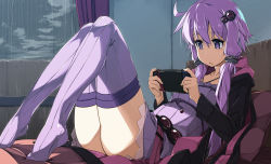 Rule 34 | 1girl, :&lt;, ahoge, ass, bed, black jacket, closed mouth, commentary request, curtains, dress, female focus, full body, highres, holding, hood, hood down, hooded jacket, indoors, jacket, long sleeves, lying, nintendo switch, on back, on bed, open clothes, open jacket, pillow, playing games, purple dress, purple eyes, purple hair, purple thighhighs, rain, shikei, short dress, short hair with long locks, sidelocks, solo, striped clothes, striped thighhighs, thighhighs, vertical-striped clothes, vertical-striped thighhighs, vocaloid, voiceroid, window, yuzuki yukari