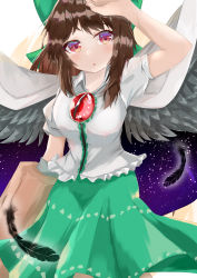 Rule 34 | 1girl, absurdres, arm cannon, bird wings, black wings, blouse, blush, bow, breasts, brown hair, cape, collared shirt, commentary request, control rod, cowboy shot, feathers, green bow, green skirt, hair bow, highres, long hair, looking at viewer, medium breasts, morisawa mozu, open mouth, puffy short sleeves, puffy sleeves, red eyes, reiuji utsuho, shirt, short sleeves, simple background, skirt, solo, starry sky print, third eye, touhou, weapon, white background, white cape, white shirt, wings