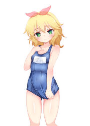 Rule 34 | 1girl, blonde hair, blue one-piece swimsuit, blush, bow, breasts, clothes pull, covered navel, gluteal fold, green eyes, hair bow, hand on own chest, highres, hosizora mikoto, idolmaster, idolmaster cinderella girls, name tag, old school swimsuit, one-piece swimsuit, pulled by self, ribbon, sakurai momoka, school swimsuit, short hair, simple background, small breasts, smile, solo, swimsuit, swimsuit tug, thighs, white background
