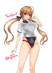 Rule 34 | 1girl, anger vein, black bow, black one-piece swimsuit, bow, brown eyes, brown hair, commentary request, competition swimsuit, feet out of frame, hair bow, highleg, highleg swimsuit, highres, kantai collection, kuga zankurou, long hair, low twintails, one-piece swimsuit, shirt, simple background, solo, standing, swimsuit, swimsuit under clothes, t-shirt, tashkent (kancolle), twintails, white background, white shirt