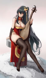 Rule 34 | 1girl, absurdres, arm behind back, azur lane, bare shoulders, black hair, black thighhighs, breasts, bridal gauntlets, carpet, chinese clothes, cleavage, commentary request, dress, feet, gold trim, hair between eyes, hair ornament, highres, holding, holding instrument, instrument, knees together feet apart, lace, lace-trimmed legwear, lace trim, large breasts, long dress, long hair, looking at viewer, no shoes, official alternate costume, parted lips, pipa (instrument), red dress, red eyes, sadriv, sitting, smile, solo, taihou (azur lane), taihou (phoenix&#039;s spring song) (azur lane), thighhighs, thighs, toes, very long hair