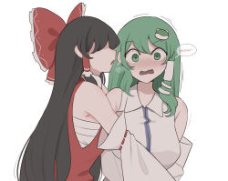 Rule 34 | 2girls, black hair, blowing in ear, blush, bow, breasts, chest sarashi, collared shirt, commentary, detached sleeves, english commentary, frilled bow, frills, frog hair ornament, green eyes, green hair, hair bow, hair ornament, hair tubes, hakurei reimu, highres, kochiya sanae, large breasts, long hair, mata (matasoup), meowing, multiple girls, nose blush, open mouth, red bow, red vest, sarashi, shaded face, shirt, simple background, single hair tube, sleeveless, sleeveless shirt, snake hair ornament, touhou, upper body, vest, white background, white shirt, yuri