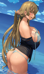 Rule 34 | 1girl, adjusting hair, ass, bare shoulders, blonde hair, body writing, breast hold, breasts, cloud, covered erect nipples, day, from behind, from side, g-string, girls&#039; frontline, highres, large breasts, lasterk, long hair, looking at viewer, looking back, m37 (girls&#039; frontline), outdoors, reflection, sideboob, sky, smile, solo, standing, thong, very long hair, wading, water, yellow eyes