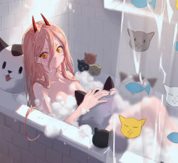 Rule 34 | 1girl, bath, bathing, bathroom, bathtub, breasts, chainsaw man, cleavage, cross-shaped pupils, curtains, demon girl, demon horns, horns, medium breasts, oto1 030, partially submerged, pink hair, power (chainsaw man), red horns, soap bubbles, solo, stuffed animal, stuffed cat, stuffed toy, symbol-shaped pupils, wet, yellow eyes