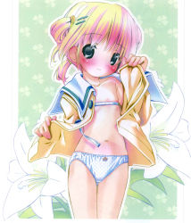 1girl blonde_hair blush collarbone female_focus flat_chest flower green_eyes hair_ornament hairclip highres lily_(flower) loli navel no_bra no_nose open_clothes open_shirt panties polka_dot polka_dot_panties pop shirt smile solo tape_measure underwear white_panties