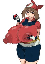 Rule 34 | 1girl, ahemaru, blue eyes, breasts, brown hair, clitoris, covered erect nipples, creatures (company), curvy, erect clitoris, game freak, gigantic breasts, grabbing own breast, henriiku (ahemaru), highres, huge areolae, huge nipples, looking to the side, may (pokemon), nintendo, nipples through clothes, open mouth, pants, pokemon, pokemon rse, shiny clothes, short hair, shy, standing, sweatdrop, tight clothes, tight pants, touching nipples, white background