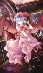 Rule 34 | 1girl, absurdres, ascot, bat wings, blood, blue hair, broken glass, cup, drinking glass, full body, glass, hair ribbon, hand in own hair, hat, highres, indoors, looking at viewer, mob cap, orchid (orukido), pink hat, pink shirt, pink skirt, purple hair, red ascot, red eyes, red footwear, red ribbon, remilia scarlet, ribbon, shirt, short hair, skirt, solo, touhou, wine glass, wings, wrist cuffs