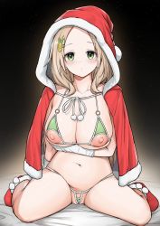 Rule 34 | 1girl, bikini, blonde hair, breasts, christmas, collarbone, commentary request, foifoi (marfoyfoyfoy), food-themed hair ornament, full body, gloves, green bikini, green eyes, hair ornament, hairclip, highres, hood, large breasts, looking at viewer, mole, mole on breast, navel, nipples, original, pineapple hair ornament, red footwear, red hood, shoes, short hair, sitting, solo, swimsuit, white gloves
