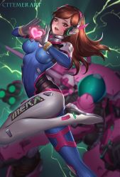 Rule 34 | 1girl, artist name, black hair, blurry, bodysuit, bracer, breasts, brown eyes, brown hair, citemer, d.va (overwatch), depth of field, electricity, eyelashes, facial mark, floating hair, gloves, glowing, green background, headphones, heart, heart hands, knee up, long hair, long sleeves, looking at viewer, mecha, medium breasts, meka (overwatch), overwatch, overwatch 1, parted lips, pilot suit, red lips, robot, smile, solo, swept bangs, whisker markings, white gloves