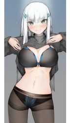Rule 34 | 1girl, black bra, black panties, blush, bra, breasts, brown pantyhose, clothes lift, commentary request, cowboy shot, ekuesu, girls&#039; frontline, green eyes, grey background, hair ornament, highres, hk416 (girls&#039; frontline), large breasts, lifting own clothes, long sleeves, looking at viewer, navel, nose blush, panties, panties under pantyhose, pantyhose, shirt lift, smile, solo, standing, thighband pantyhose, underwear, white hair