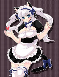 Rule 34 | 1girl, alternate costume, animal ears, apron, back bow, black ribbon, black tail, blue bow, blue bowtie, blue eyes, blue ribbon, blush, bow, bowtie, breasts, cat ears, cat tail, closed mouth, dress, drop shadow, enmaided, fingernails, frilled apron, frills, grey hair, hair between eyes, hair ribbon, hands up, heart, koshikawa guu, large breasts, leg up, long hair, mabinogi, maid, maid apron, maid headdress, nao (mabinogi), outline, petticoat, puffy short sleeves, puffy sleeves, ribbon, ribbon-trimmed legwear, ribbon-trimmed thighhighs, ribbon trim, short dress, short sleeves, smile, solo, striped, striped background, tail, tail bow, tail ornament, thighhighs, twintails, waist apron, white apron, white bow, white outline, white thighhighs
