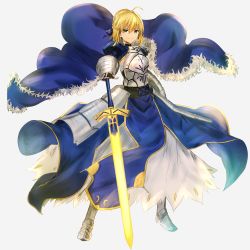 Rule 34 | 1girl, absurdres, ahoge, armor, armored dress, artoria pendragon (all), artoria pendragon (fate), blonde hair, blue cape, breastplate, cape, excalibur morgan (fate), fate/grand order, fate/stay night, fate (series), fur-trimmed cape, fur trim, gauntlets, green eyes, highres, misto (nnvy3472), planted, planted sword, planted weapon, saber (fate), smile, solo, sword, weapon, white background