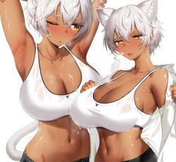Rule 34 | 1girl, absurdres, animal ear fluff, animal ears, armpits, arms up, bandage on face, bandages, bare shoulders, black shorts, blush, breasts, cat ears, cat girl, cat tail, cleavage, collarbone, dark-skinned female, dark skin, hair between eyes, highres, hood, hoodie, large breasts, linea alba, looking at viewer, looking to the side, mathew (srmmk mce), multiple views, navel, off shoulder, one eye closed, original, parted lips, scar, scar on face, scar on nose, short hair, shorts, sports bra, steaming body, stomach, sweat, sweaty clothes, tail, toned, undressing, upper body, white background, white hair, white hoodie, white sports bra, yellow eyes