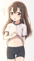Rule 34 | 1girl, :o, ?, bike shorts, black shorts, blouse, blush, brown eyes, brown hair, check commentary, clothes lift, commentary request, female focus, gluteal fold, grey background, groin, gym uniform, hair between eyes, hair ornament, hairclip, highres, lifted by self, long hair, looking at viewer, navel, open mouth, original, pantylines, revision, shirt, shirt lift, short shorts, short sleeves, shorts, simple background, solo, takasuma hiro, thigh gap, upper body, very long hair, white shirt
