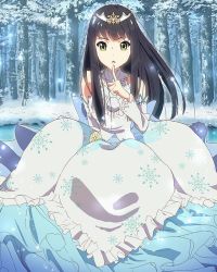 Rule 34 | 10s, 1girl, bare shoulders, brown hair, detached sleeves, dress, finger to mouth, forest, green eyes, long hair, looking at viewer, nanase yoshino, nature, official art, open mouth, snow, snowflake print, snowflakes, solo, tiara, wake up girls!, wake up girls! stage no tenshi, white dress, winter