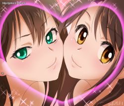 Rule 34 | 2girls, bare shoulders, brown hair, close-up, earrings, face-to-face, ginko (silver fox), green eyes, hair between eyes, heart, idolmaster, idolmaster cinderella girls, jewelry, long hair, looking at viewer, multiple girls, shibuya rin, shimamura uzuki, smile, sparkle, yellow eyes