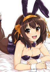 Rule 34 | 1girl, :d, absurdres, animal ears, ass, bed sheet, black bow, black bowtie, black leotard, black pantyhose, bow, bowtie, breasts, brown eyes, brown hair, commentary request, detached collar, fake animal ears, fake tail, hair ribbon, hairband, haruhisky, high heels, highres, legs up, leotard, looking at viewer, lying, medium breasts, medium hair, official alternate costume, on stomach, open mouth, orange hairband, orange ribbon, pantyhose, playboy bunny, rabbit ears, rabbit tail, ribbon, simple background, smile, solo, strapless, strapless leotard, suzumiya haruhi, suzumiya haruhi no yuuutsu, tail, teeth, upper teeth only, white background, white wrist cuffs, wrist cuffs