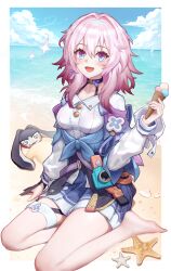 Rule 34 | 1girl, @ @, barefoot, beach, blue eyes, blue skirt, blue sky, blush, breasts, camera, cloud, commentary request, day, feet, fingerless gloves, food, gloves, hair between eyes, highres, holding, holding food, holding ice cream, honkai: star rail, honkai (series), ice cream, jacket, long hair, long sleeves, looking at viewer, march 7th (honkai: star rail), medium breasts, multicolored eyes, open mouth, outdoors, pink hair, pom-pom (honkai: star rail), purple eyes, revision, sand, shirt, single fingerless glove, sitting, skirt, sky, smile, sparkle, starfish, tied jacket, wangzili shitoumen, water, white shirt