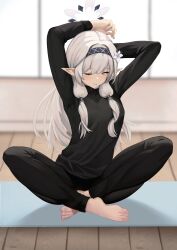 Rule 34 | 1girl, ;), absurdres, alternate costume, arms up, barefoot, black pants, black shirt, blue archive, blush, breasts, feet, flower, grey hair, hair flower, hair ornament, halo, highres, himari (blue archive), indian style, long hair, low-tied sidelocks, mat, one eye closed, pants, pointy ears, shirt, sitting, small breasts, smile, solo, stretching, toes, very long hair, wooden floor, yan kodiac
