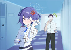 Rule 34 | 1boy, 1girl, ?, ??, absurdres, adjusting hair, anger vein, angry, aoi (blue archive), belt, black hair, black pants, blue archive, blue necktie, blurry, business casual, closed eyes, collared shirt, commentary request, depth of field, doodle sensei (blue archive), earrings, eating, gloves, hair between eyes, hallway, halo, head tilt, highres, indoors, jewelry, keke (user djyu7823), long sleeves, looking at another, necktie, pants, pointy ears, purple hair, school uniform, sensei (blue archive), shirt, short hair, sidelocks, white gloves, white shirt